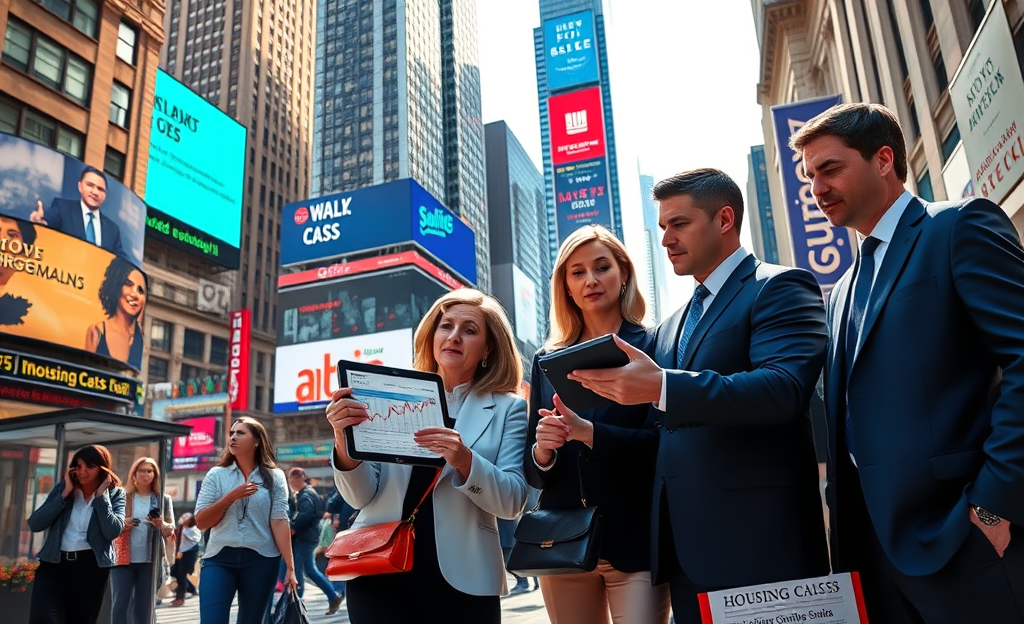 A view of Wall Street with financial graphs indicating a positive stock forecast.