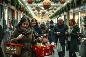 A holiday shopping scene showcasing consumers looking for deals amidst economic uncertainty.