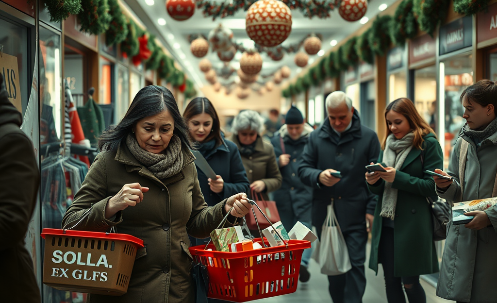A holiday shopping scene showcasing consumers looking for deals amidst economic uncertainty.