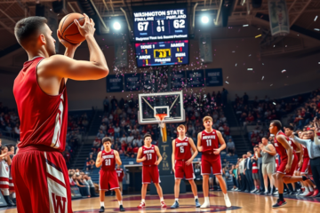 Washington State basketball team celebrating after defeating Portland 67-62 in the West Coast Conference opener