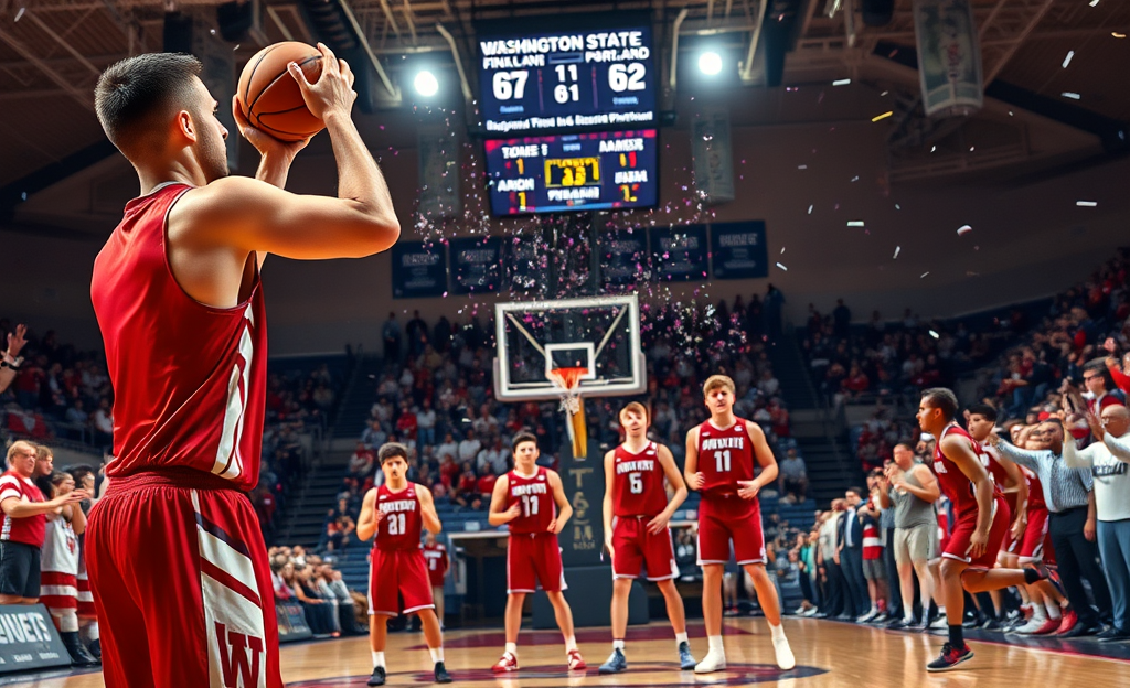 Washington State basketball team celebrating after defeating Portland 67-62 in the West Coast Conference opener