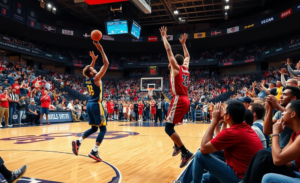 A basketball court set up for the upcoming game between Georgia Southern and South Alabama, highlighting the excitement of Sun Belt competition.