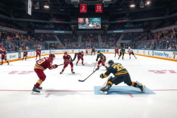 Boston College Eagles players preparing for the Holiday Face-Off against Western Michigan, showcasing Hagens and Cloutier's impressive skills.