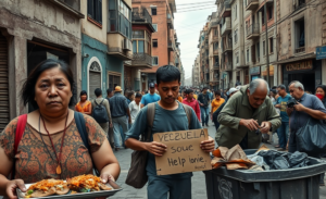 Venezuelan citizens struggling with poverty and scarce food resources amid a severe economic crisis.