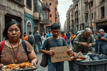 Venezuelan citizens struggling with poverty and scarce food resources amid a severe economic crisis.