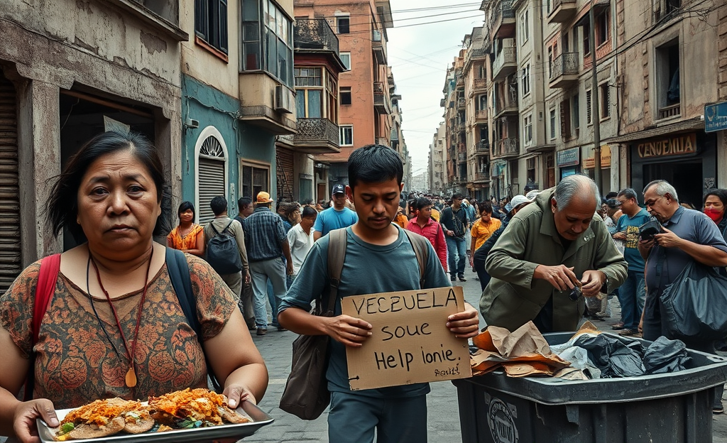 Venezuelan citizens struggling with poverty and scarce food resources amid a severe economic crisis.