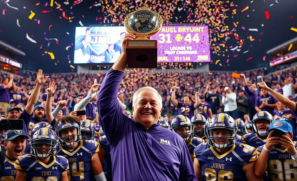 JMU football team celebrating their championship victory and awards.