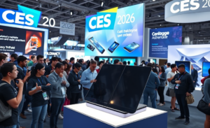 Prototype of a foldable OLED screen presented at CES 2026, suggesting future iPhone foldable devices.