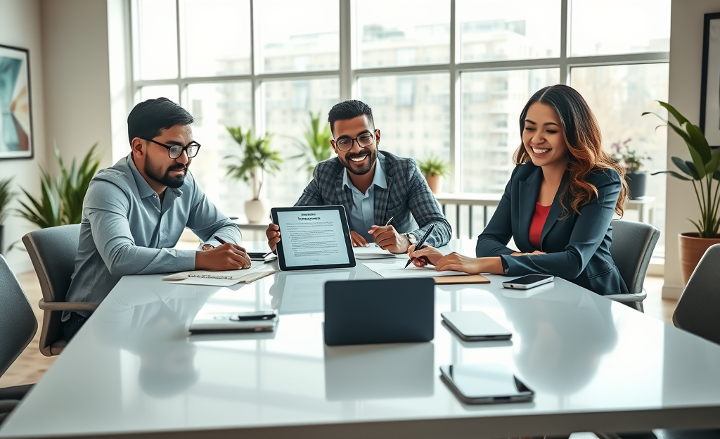 An electronic contract being signed digitally on a tablet.