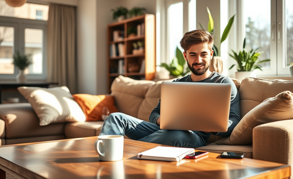 A person applying for a loan online from home.