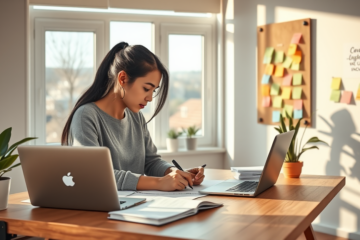 A freelancer working at a desk with financial documents, representing personal credit options at Upgrade.