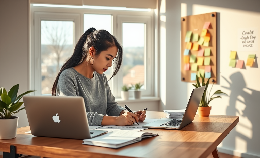 A freelancer working at a desk with financial documents, representing personal credit options at Upgrade.