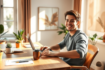 A graphic showing a freelancer discussing personal loan options at SoFi.