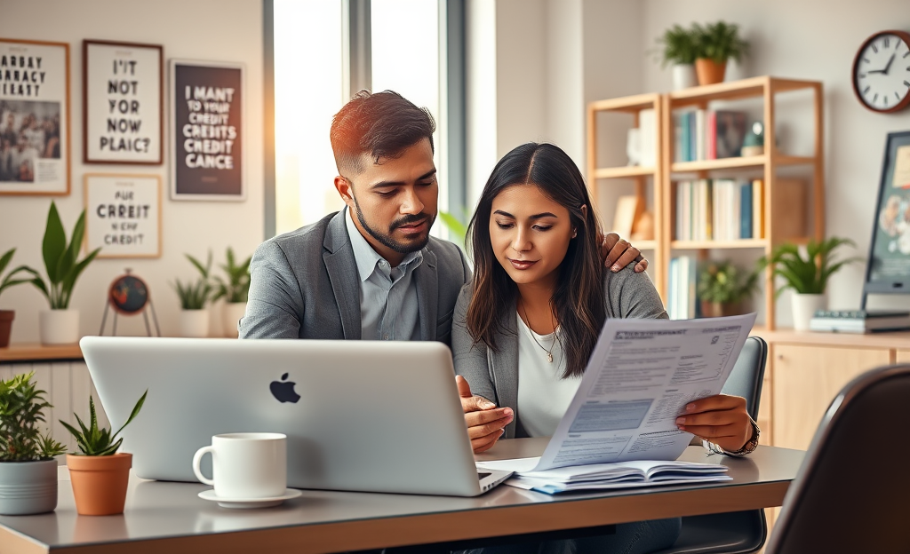 A group of diverse individuals discussing credit options in a modern office setting.