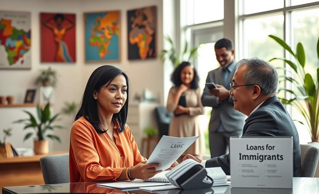A diverse group of immigrants discussing financial options for loans.