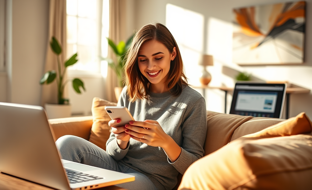 A person managing their finances from home using a smartphone and laptop.